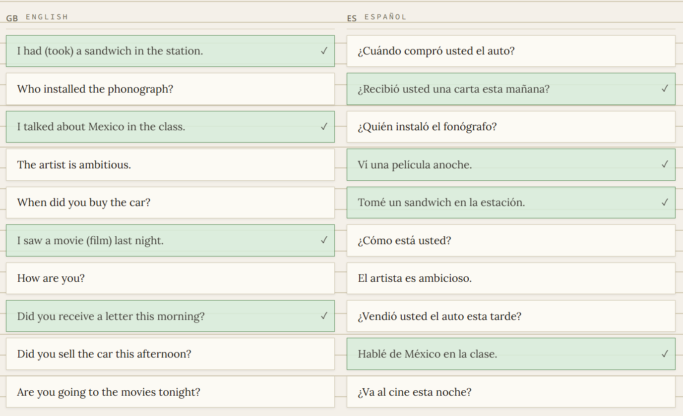 Translation Matching Game